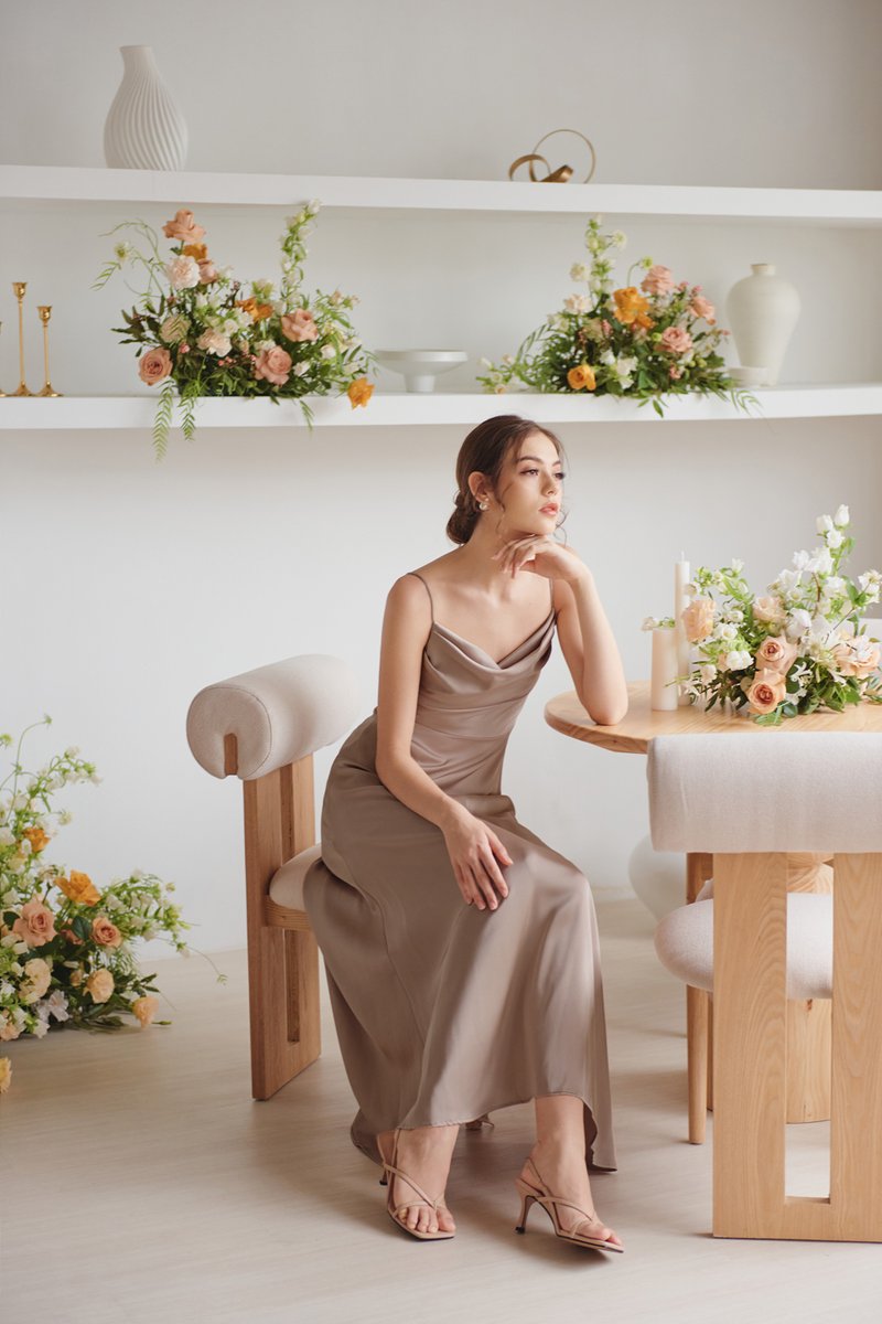 Certainly Ours Cowl Neck Dress Latte The Thread Theory