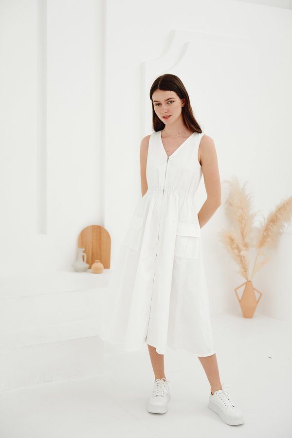 Utilitarian Double Zip Dress (White)
