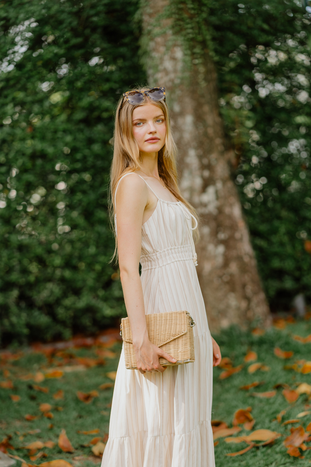 Long Sleeve Dress with Striped, Pleated Skirt in Sand main image 1