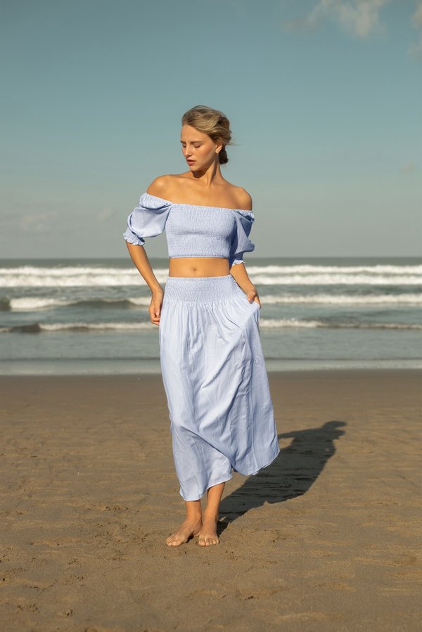 Sorbet Swirl Smocked Maxi Skirt (Light Blue Stripes) 