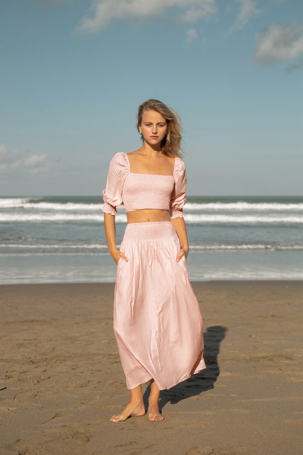 Sorbet Swirl Smocked Maxi Skirt (Light Pink Stripes)