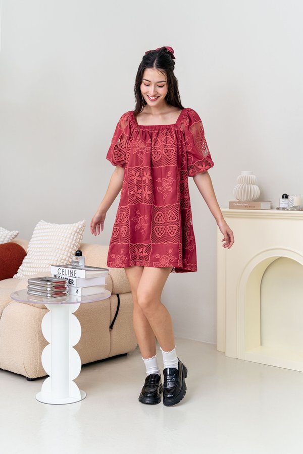 Floralbook Embroidered Dress (Brick Red)