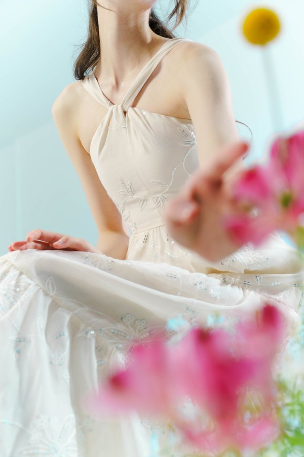 Twinkling Blooms Sequin Embellished Dress (Cream)