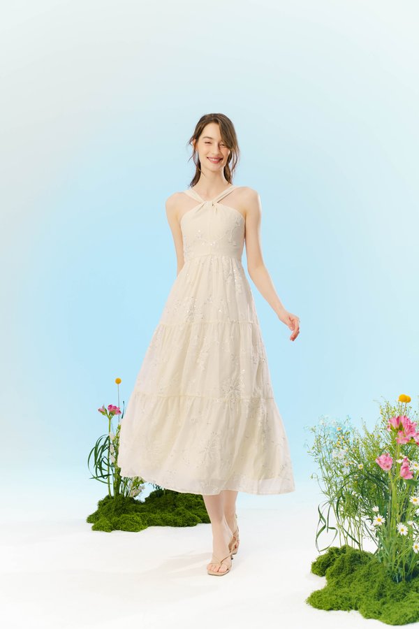 Twinkling Blooms Sequin Embellished Dress (Cream)