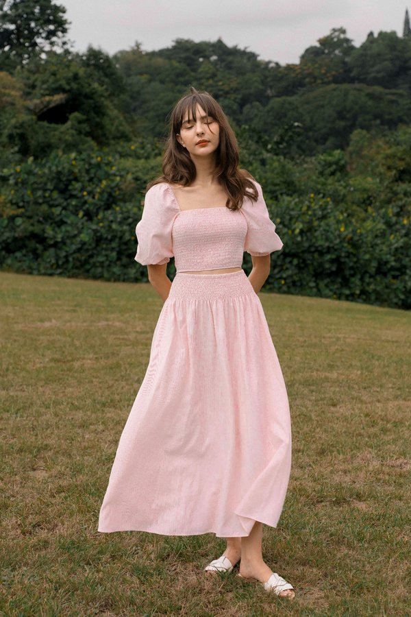 Sorbet Swirl Smocked Maxi Skirt (Light Pink Stripes)