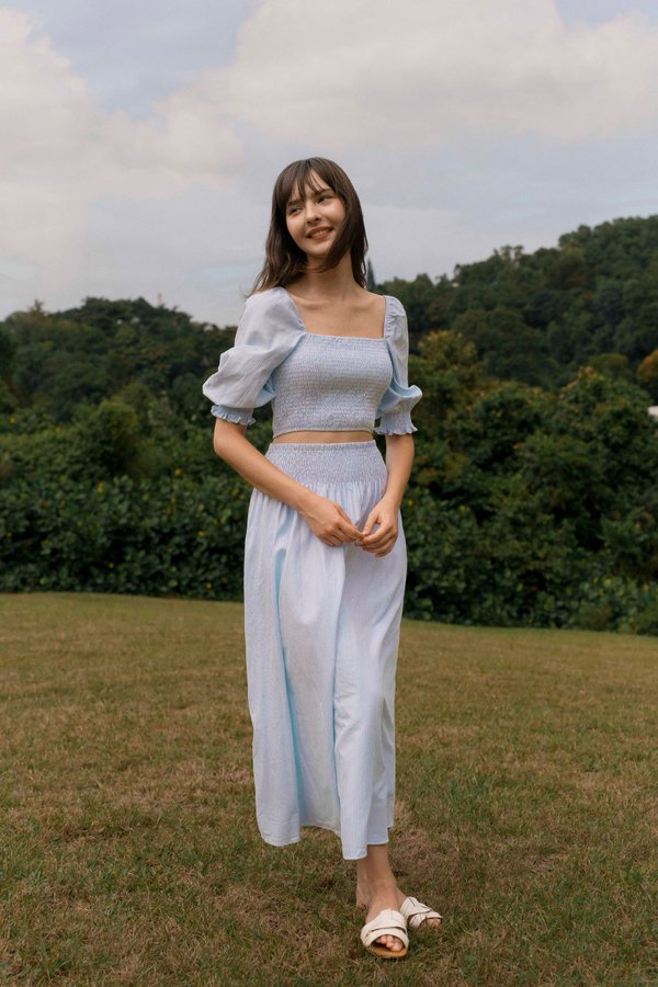 Sorbet Swirl Smocked Maxi Skirt (Light Blue Stripes)