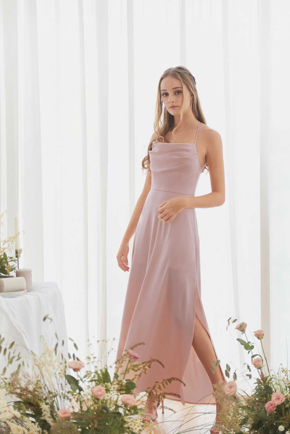 open lace back dress Teodora Cowl-Neck Thigh-High Gown in Blush Pink main image 1