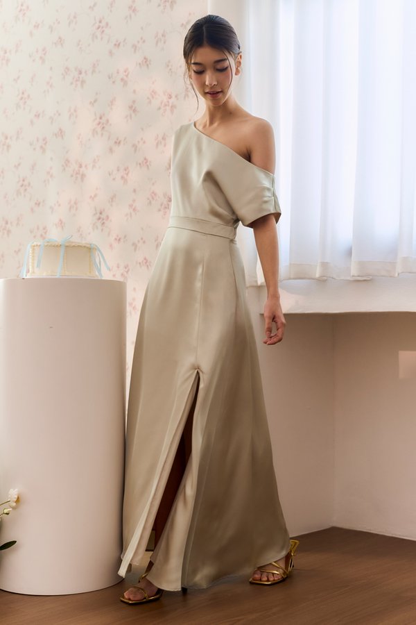 Where We Begin One-Shoulder Dress (Soft Gold)