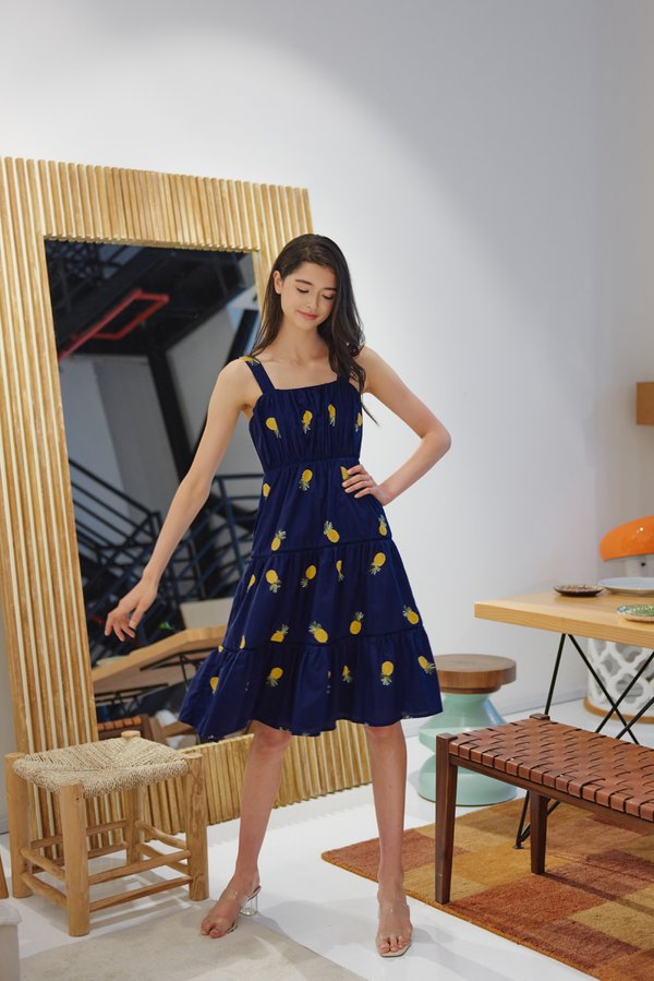 Rolling Pineapples Embroidered Dress (Navy)