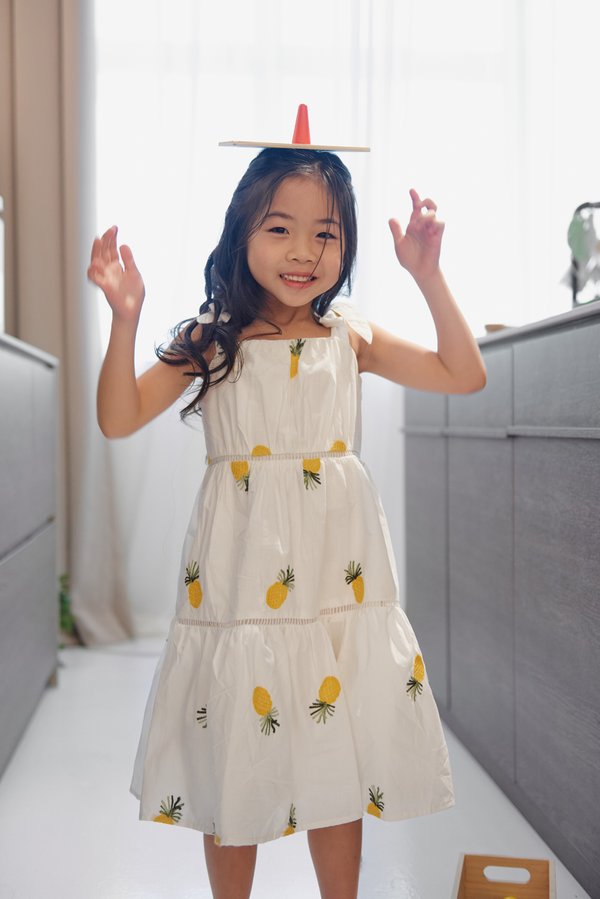 Rolling Pineapples Embroidered Junior Dress (White)