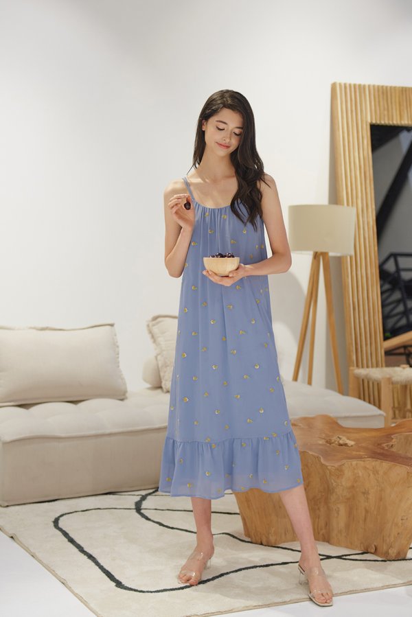 Yellow Meadows Embroidered Dress (Periwinkle)