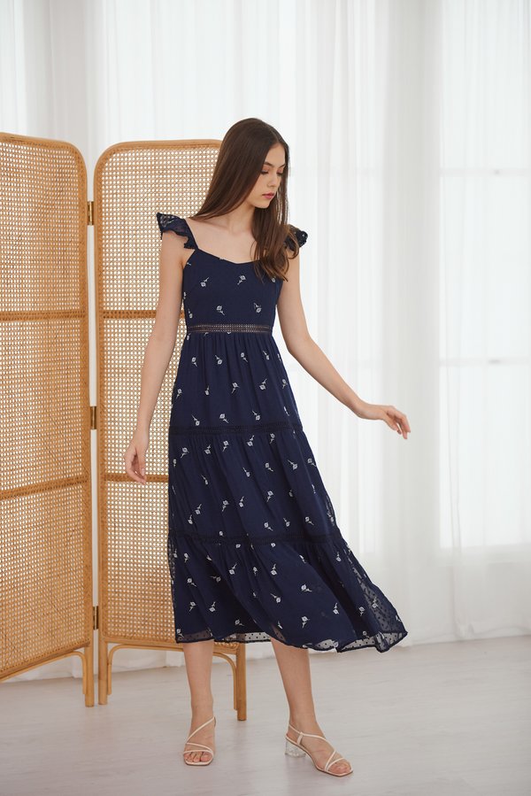 Enchanted Swiss Dot Embroidered Dress (Navy)