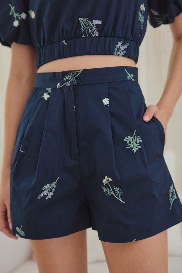 Lavender Leap Embroidered Shorts (Navy)